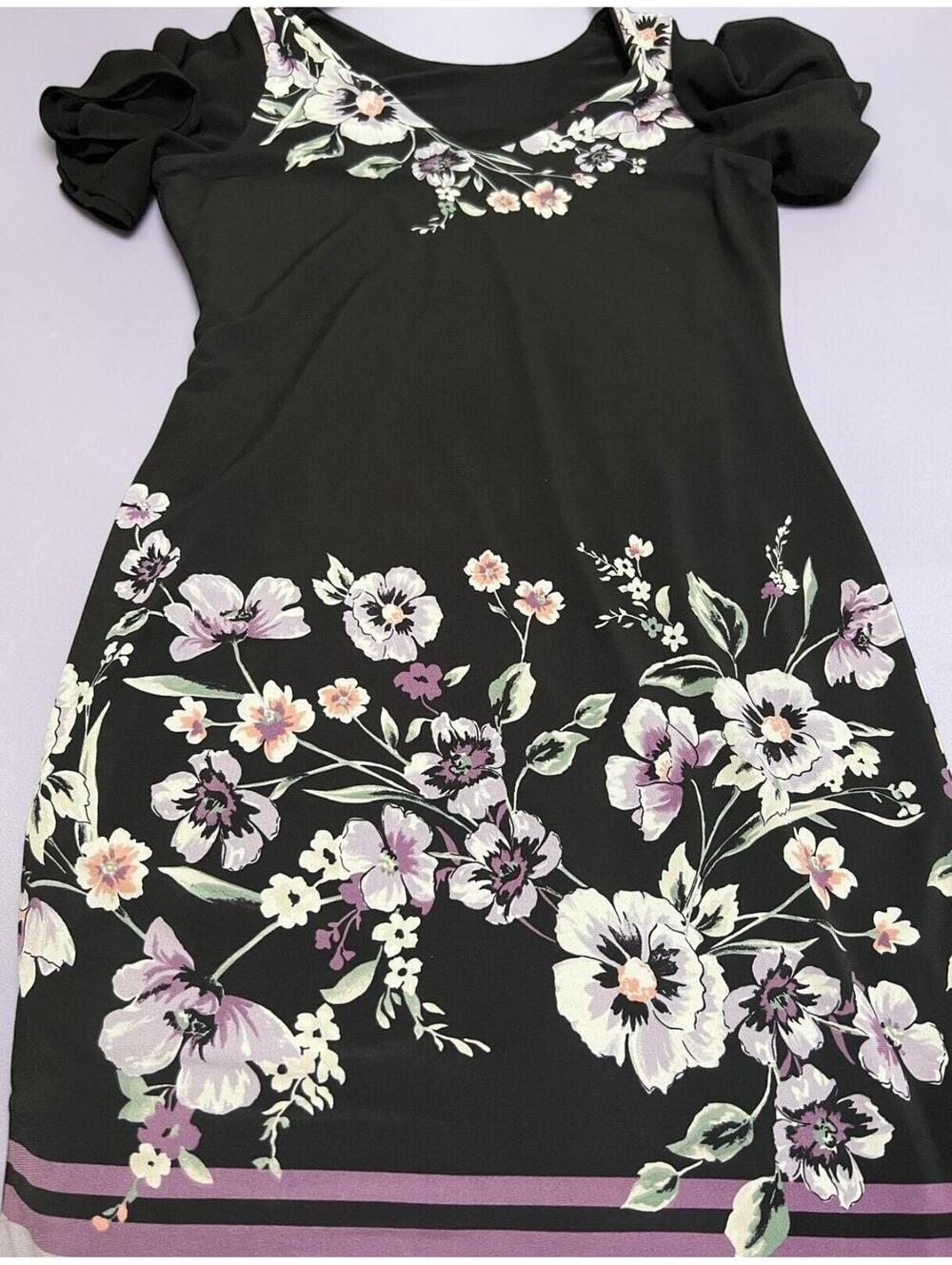 White House Black Market Black Floral Puff Sleeve Dress SP - Picture 2 of 7